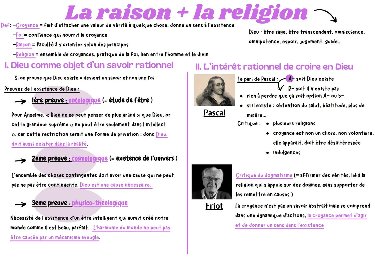 La raison + la religion
Def: -Croyance = fait d'attacher une valeur de vérité à quelque chose, donne un sens à l'existence
-Foi = confiance
