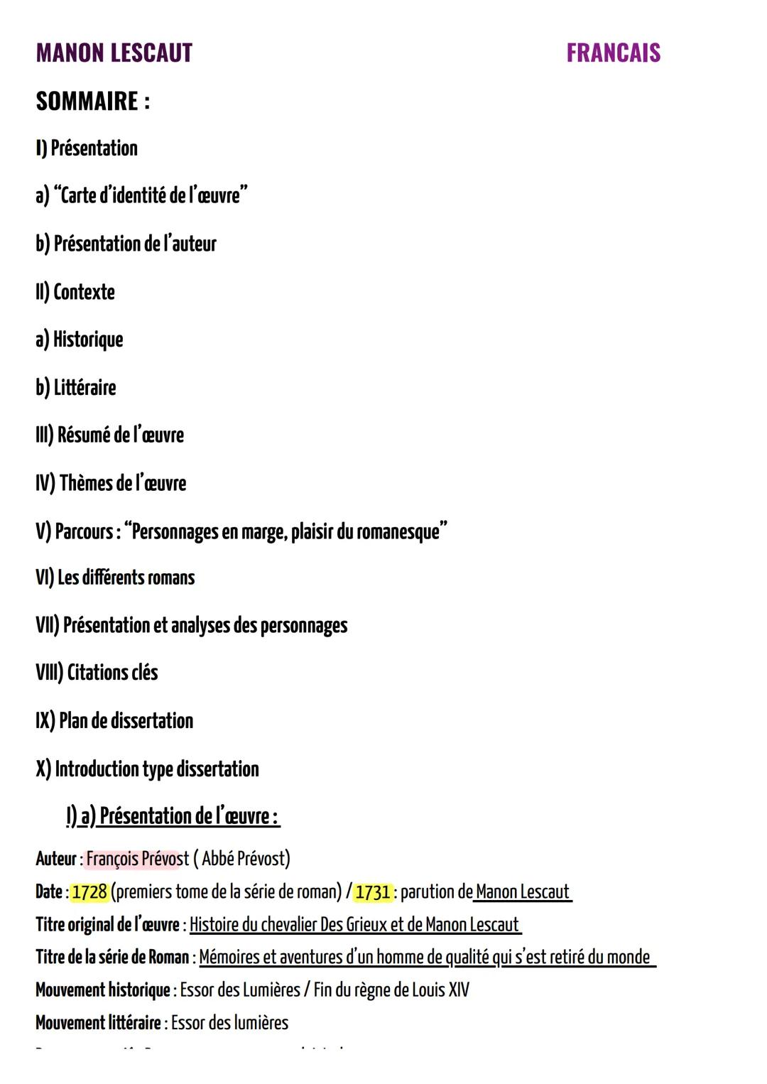 MANON LESCAUT
SOMMAIRE:
1) Présentation
a) "Carte d'identité de l'œuvre"
b) Présentation de l'auteur
II) Contexte
a) Historique
FANCAIS
b) L