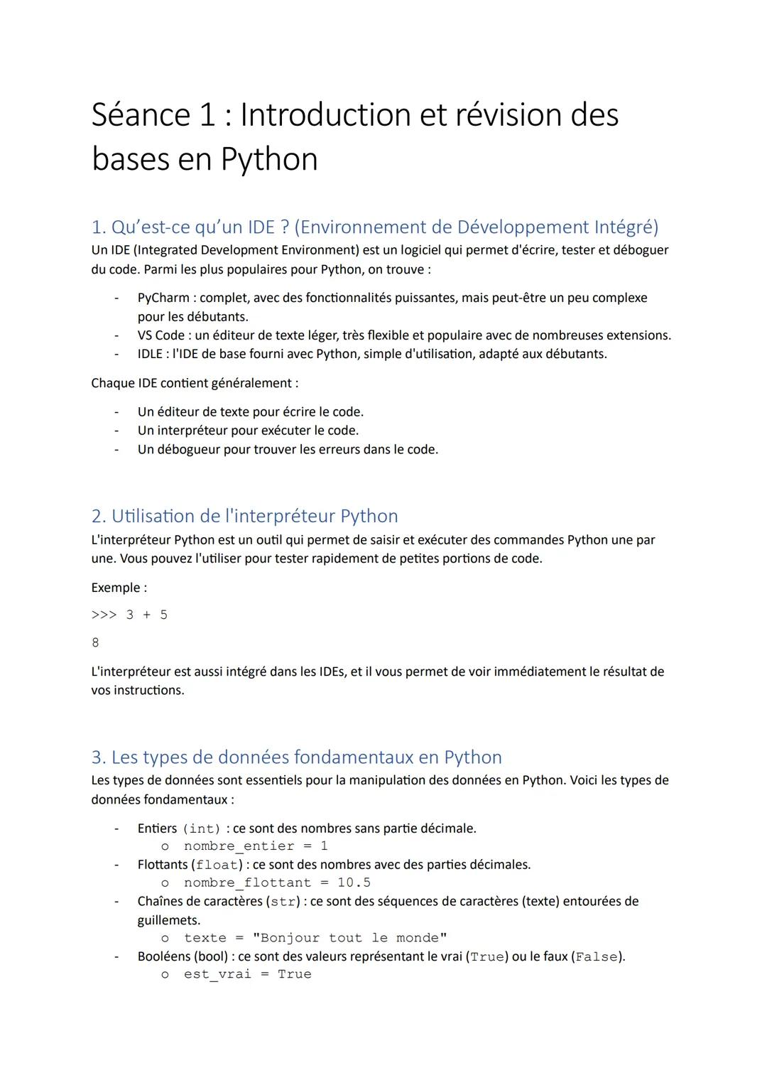 Séance 1: Introduction et révision des
bases en Python
1. Qu'est-ce qu'un IDE? (Environnement de Développement Intégré)
Un IDE (Integrated D