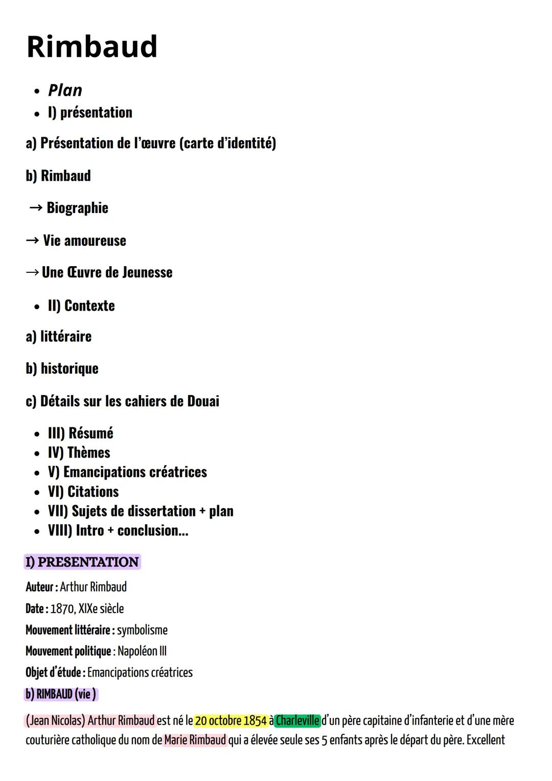 Rimbaud
• Plan
• 1) présentation
a) Présentation de l'œuvre (carte d'identité)
b) Rimbaud
→ Biographie
→ Vie amoureuse
→ Une Œuvre de Jeunes