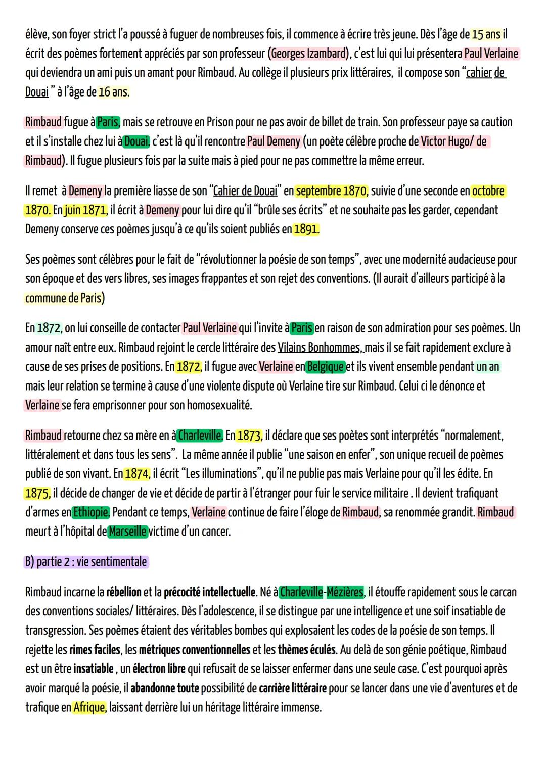 Rimbaud
• Plan
• 1) présentation
a) Présentation de l'œuvre (carte d'identité)
b) Rimbaud
→ Biographie
→ Vie amoureuse
→ Une Œuvre de Jeunes