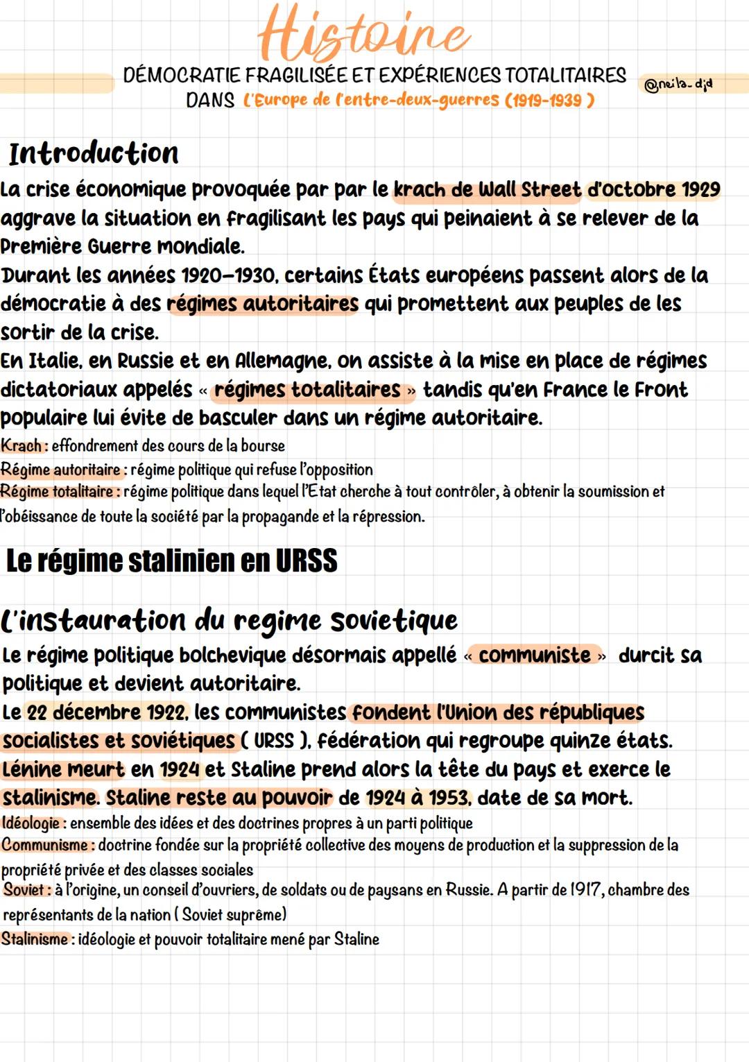 # Histoire
DÉMOCRATIE FRAGILISÉE ET EXPÉRIENCES TOTALITAIRES
DANS L’Europe de l’entre-deux-guerres (1919-1939 )
@neila_djd
# Introduction
