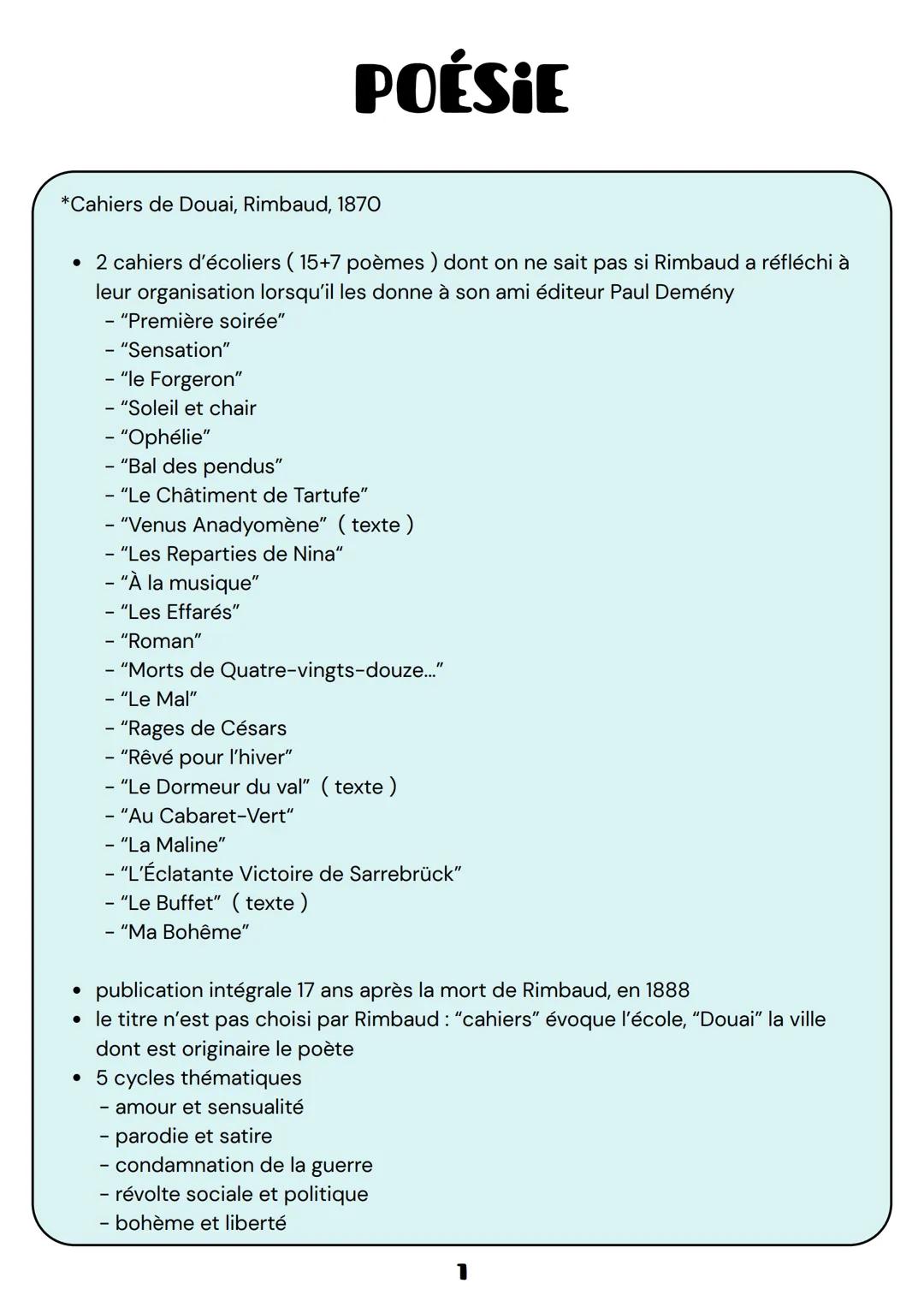 POÉSIE
*Cahiers de Douai, Rimbaud, 1870
2 cahiers d'écoliers (15+7 poèmes) dont on ne sait pas si Rimbaud a réfléchi à
leur organisation lor