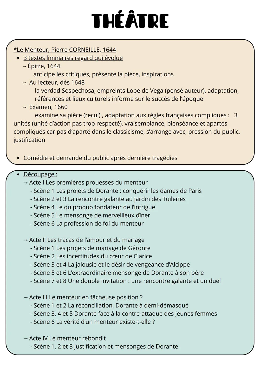 THÉÂTRE
*Le Menteur, Pierre CORNEILLE, 1644
• 3 textes liminaires regard qui évolue
→ Épitre, 1644
anticipe les critiques, présente la pièce
