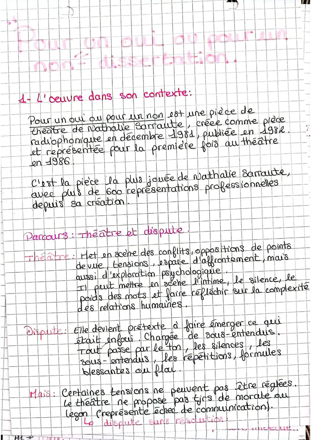 1
1- L'oeuvre dans son contexte:
Pour un oui ou pour un non est une pièce de
theatre de Nathalie Sarraute, créée comme pièce
radiophonique e