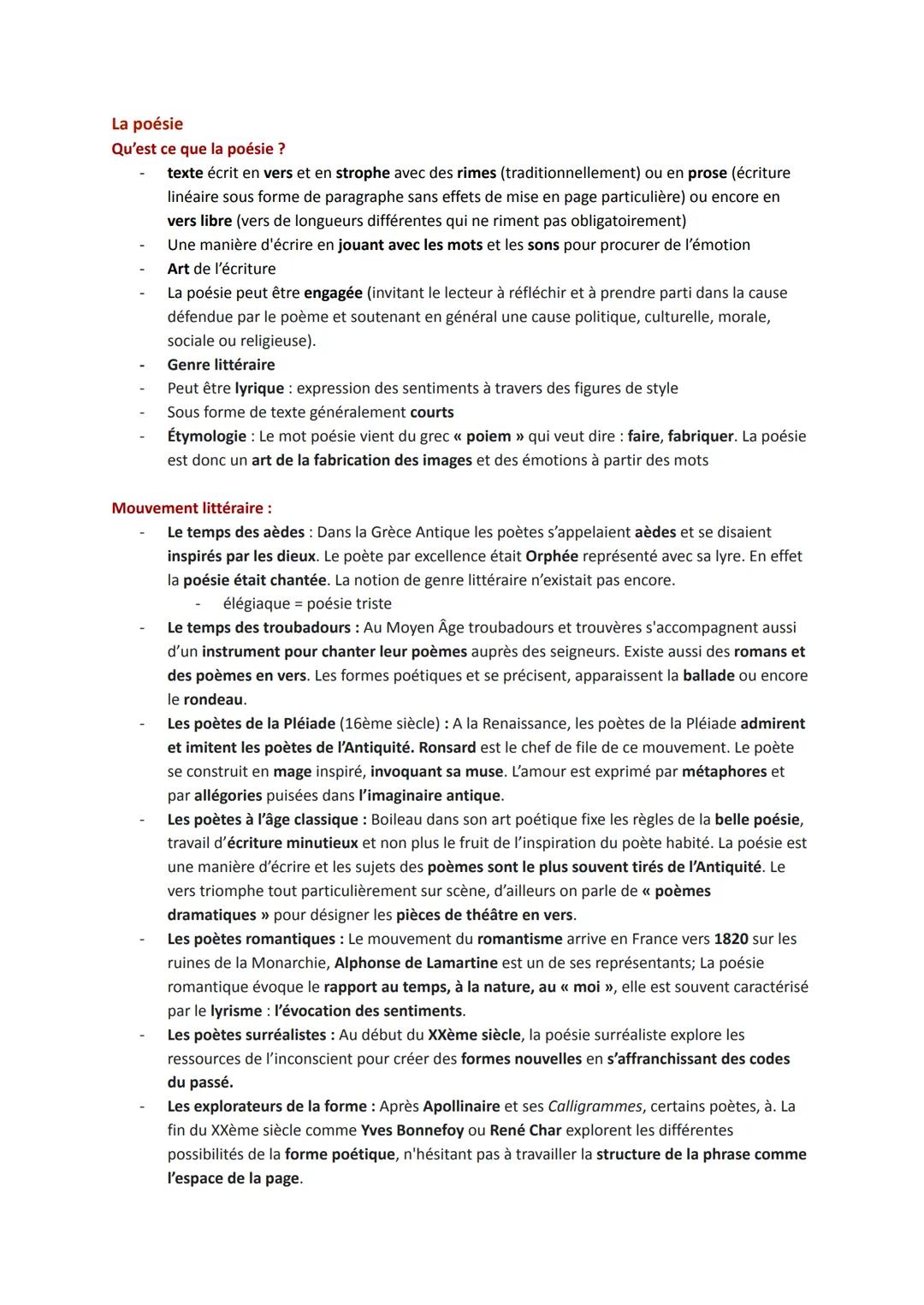 # La poésie
Qu'est ce que la poésie ?
- texte écrit en vers et en strophe avec des rimes (traditionnellement) ou en prose (écriture linéai