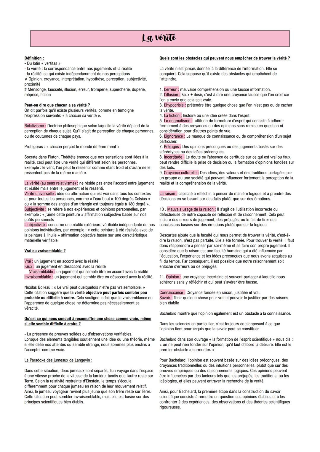 FICHES NOTIONS PHILOSOPHIE + MÉTHODE DISSERTATION --- OCR Start ---
La vérite
Définition:
- Du latin << vertitas >>>
- la vérité: la corresp