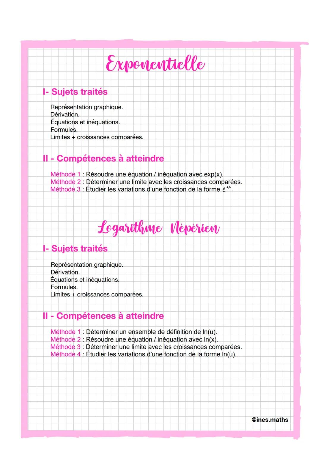 Exponentielle
I- Sujets traités
Représentation graphique.
Dérivation.
Équations et inéquations.
Formules.
Limites + croissances comparées.
I