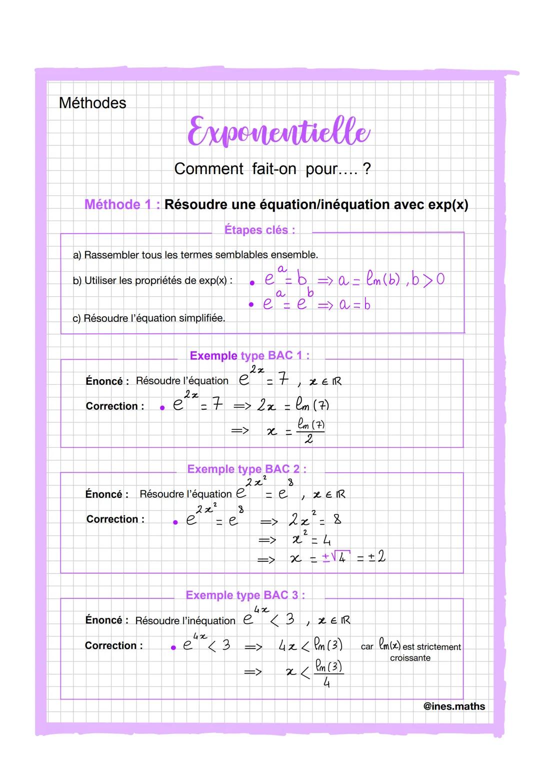 Exponentielle
I- Sujets traités
Représentation graphique.
Dérivation.
Équations et inéquations.
Formules.
Limites + croissances comparées.
I