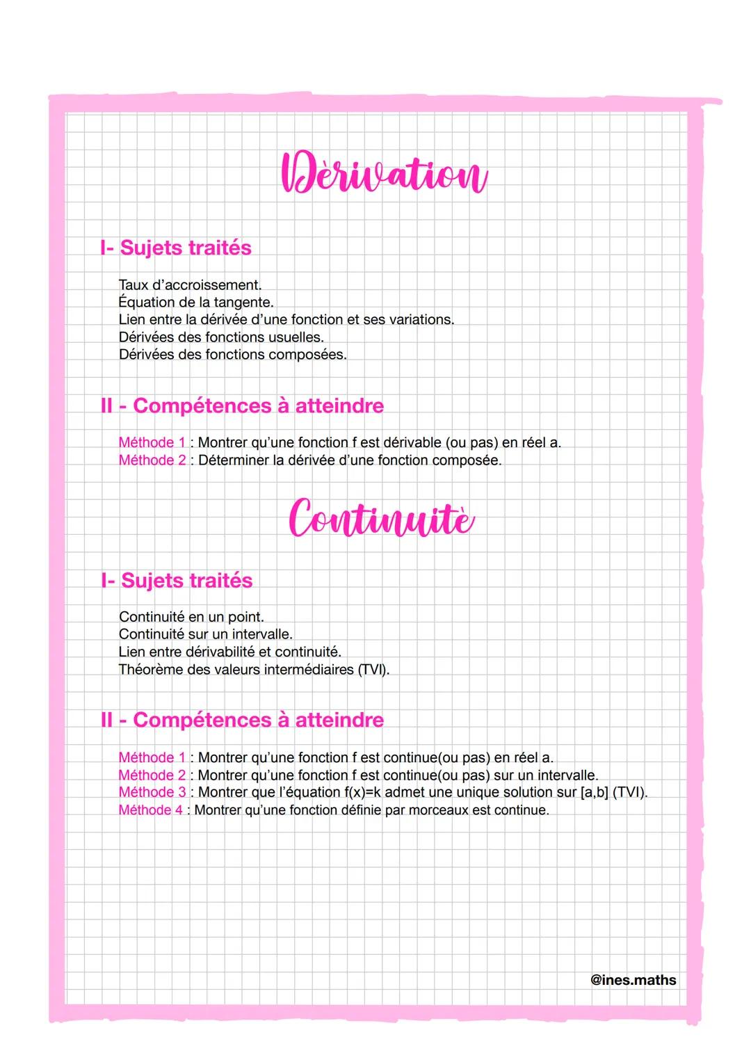 Exponentielle
I- Sujets traités
Représentation graphique.
Dérivation.
Équations et inéquations.
Formules.
Limites + croissances comparées.
I