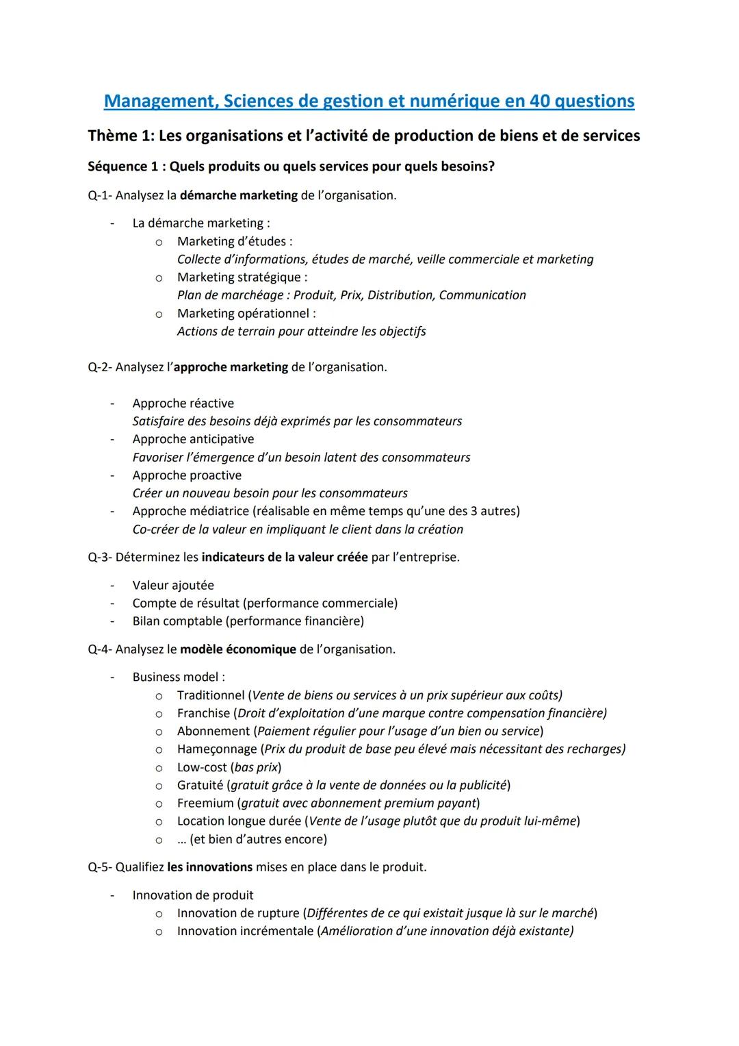 Management, Sciences de gestion et numérique en 40 questions
Thème 1: Les organisations et l'activité de production de biens et de services