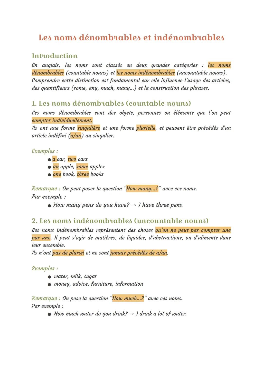 Les noms dénombrables et indénombrables
Introduction
En anglais, les noms sont classés en deux grandes catégories: les noms
dénombrables (co