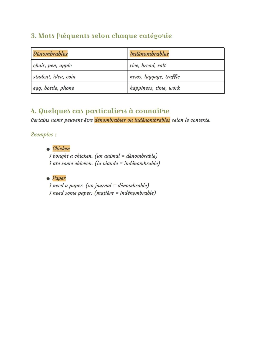 Les noms dénombrables et indénombrables
Introduction
En anglais, les noms sont classés en deux grandes catégories: les noms
dénombrables (co