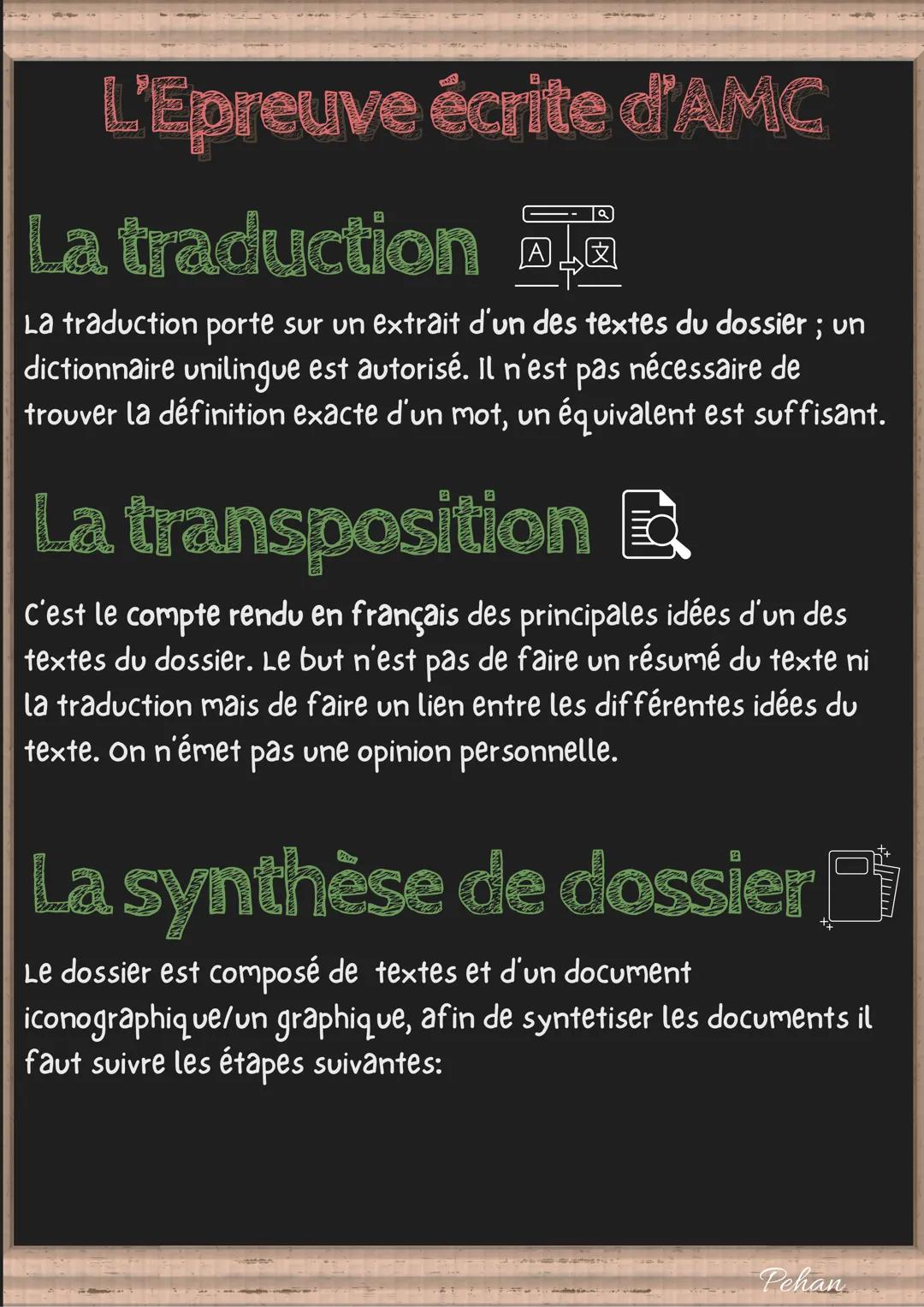 # L'Épreuve écrite d'AMC
## La traduction
La traduction porte sur un extrait d'un des textes du dossier ; un dictionnaire unilingue est au