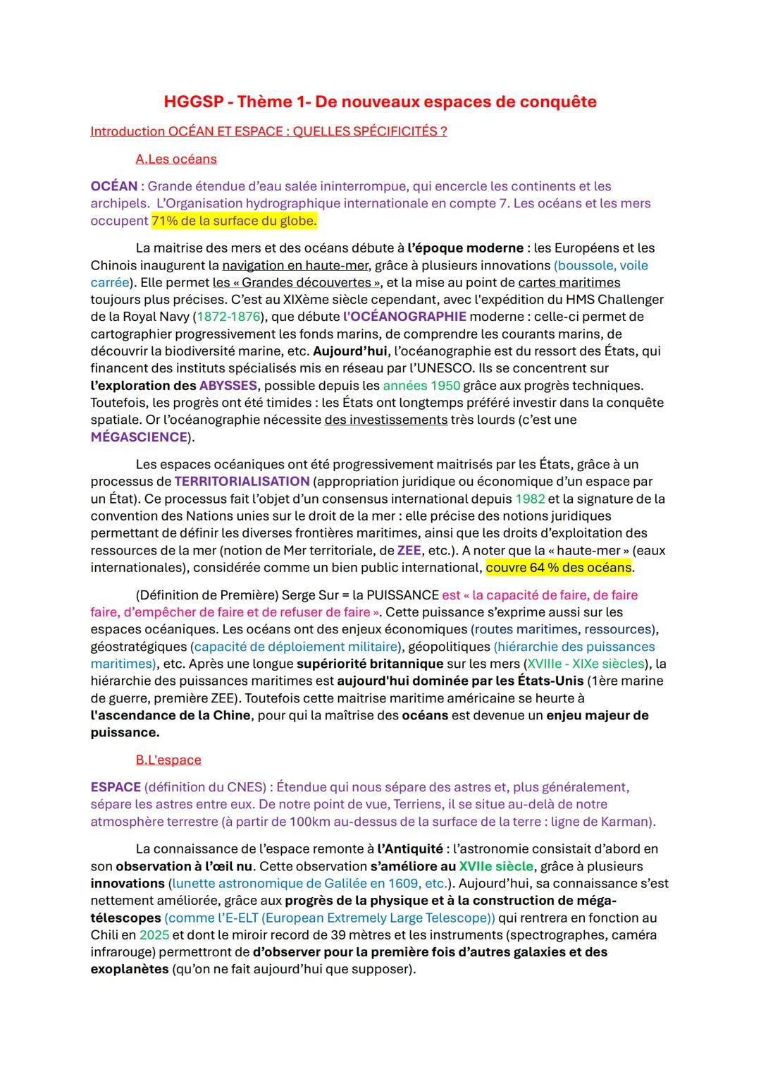 HGGSP - Thème 1- De nouveaux espaces de conquête
Introduction OCÉAN ET ESPACE: QUELLES SPÉCIFICITÉS?
A.Les océans
OCÉAN: Grande étendue d'ea