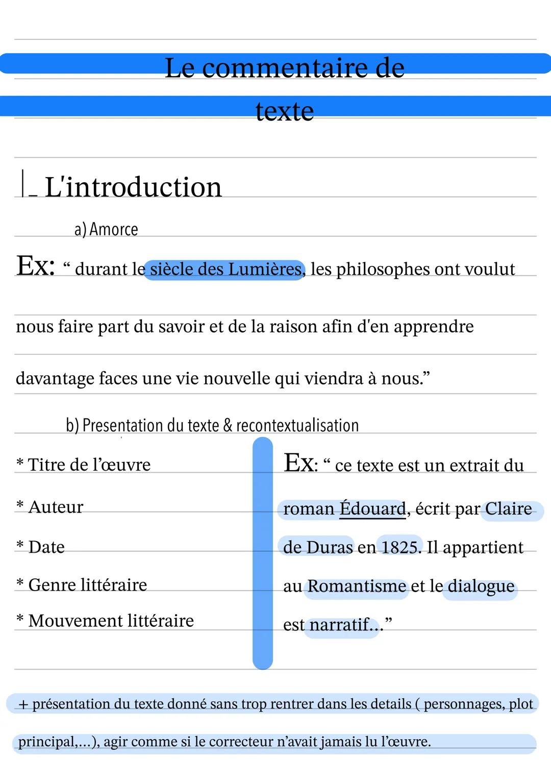 Le commentaire de
|_ L'introduction
texte
a) Amorce
Ex: " durant le siècle des Lumières, les philosophes ont voulut
nous faire part du savoi