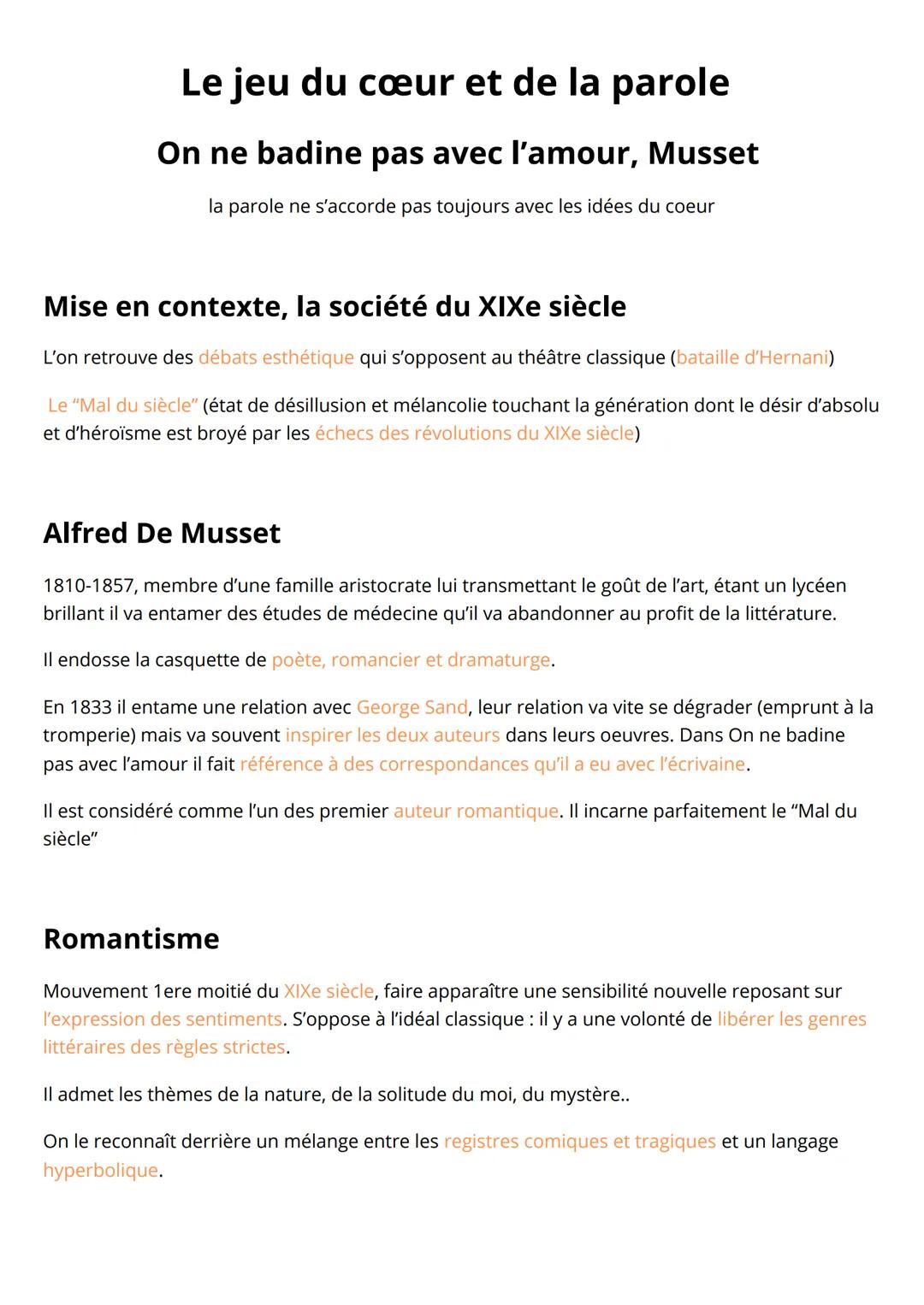 Le jeu du cœur et de la parole
On ne badine pas avec l'amour, Musset
la parole ne s'accorde pas toujours avec les idées du coeur
Mise en con