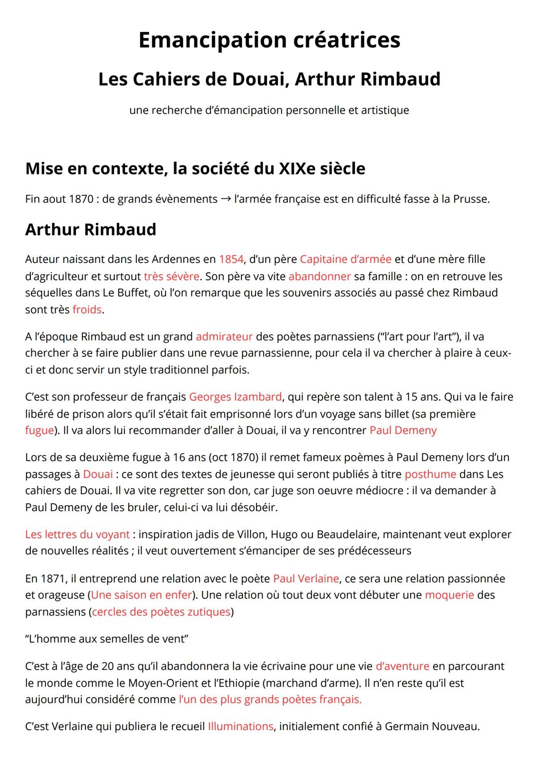 Emancipation créatrices
Les Cahiers de Douai, Arthur Rimbaud
une recherche d'émancipation personnelle et artistique
Mise en contexte, la soc
