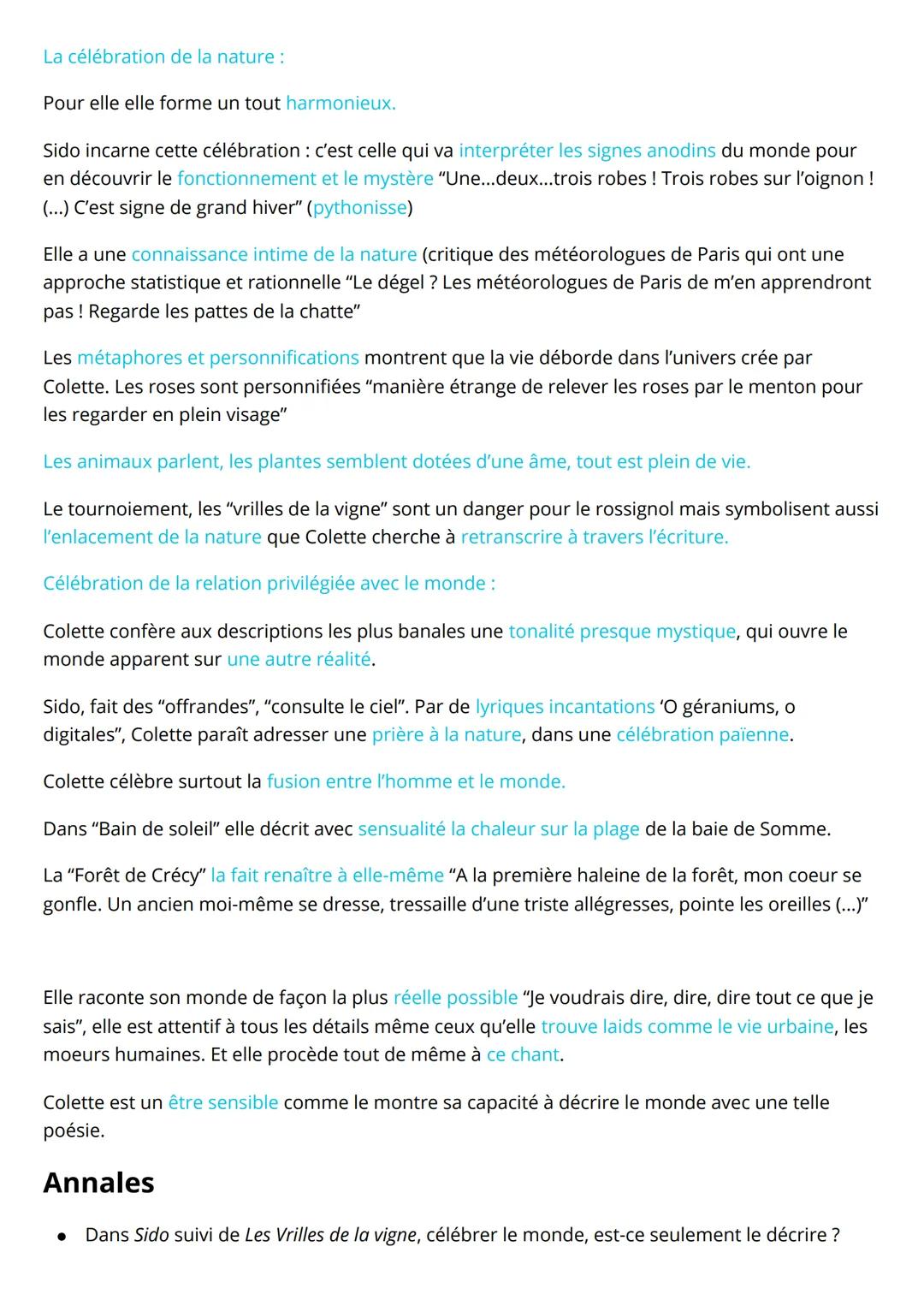 La Célébration du Monde
Sido suivie Des Vrilles de la Vigne, Colette
honorer, faire l'éloge du monde, le chanter
Mise en contexte, la sociét