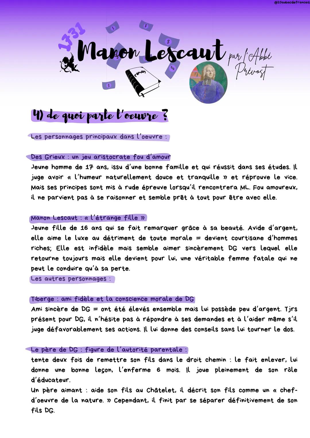 --- OCR Start ---
@20aubacdefrancais.
1731
Manon Lescaut par l'Abbé
$
1) c'est quoi le roman?
Privest
Le roman est un genre littéraire qui
d