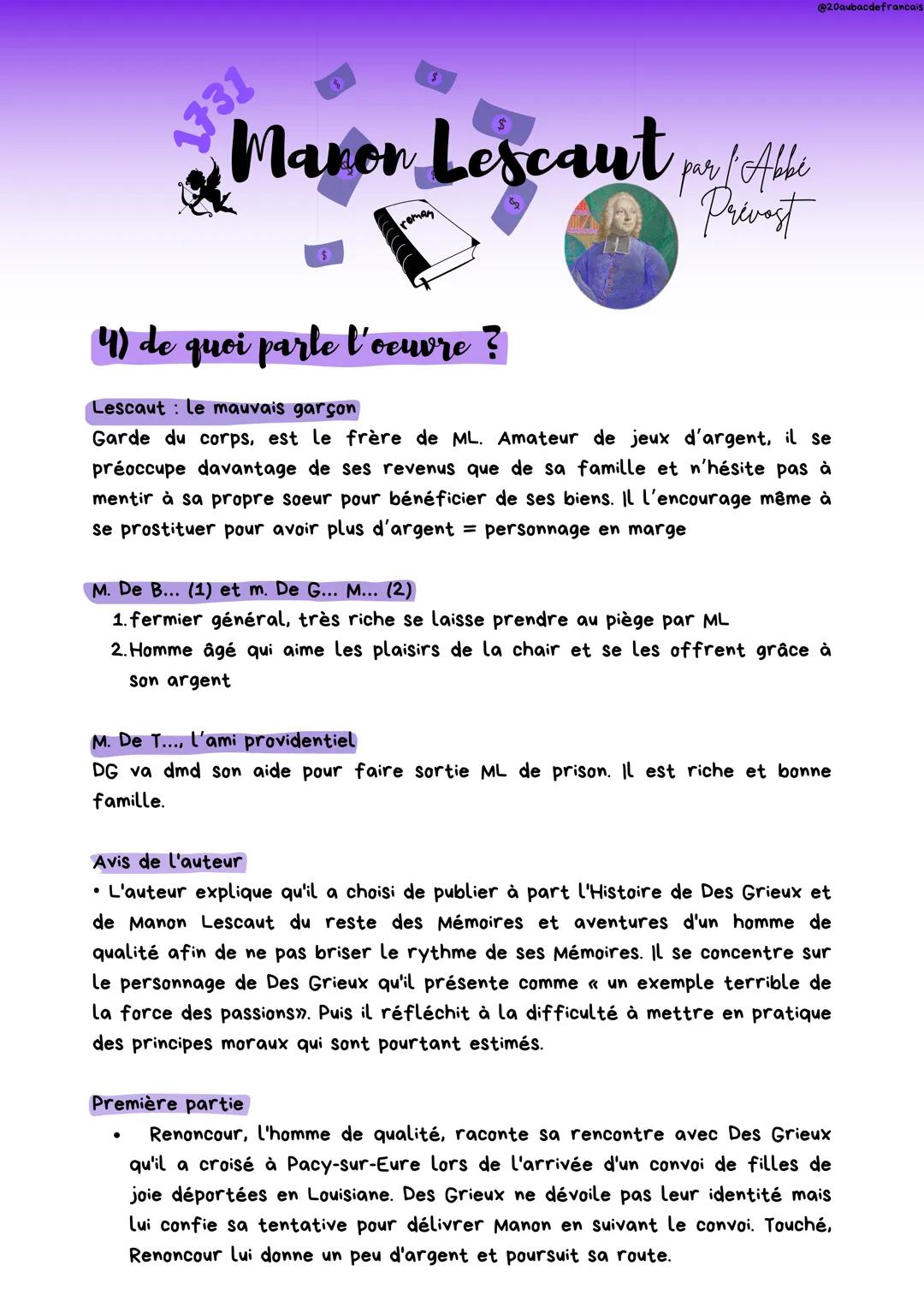 --- OCR Start ---
@20aubacdefrancais.
1731
Manon Lescaut par l'Abbé
$
1) c'est quoi le roman?
Privest
Le roman est un genre littéraire qui
d