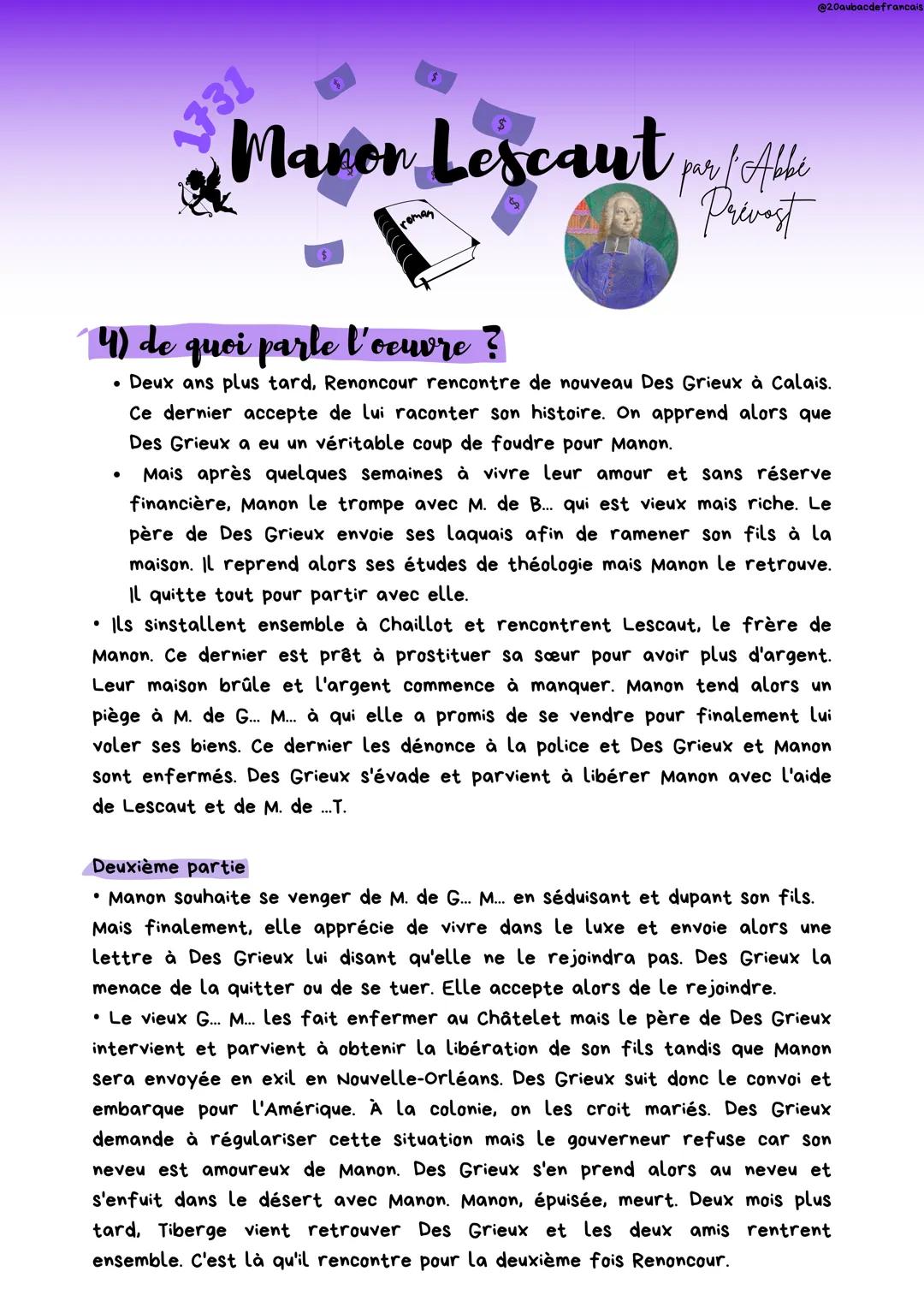 --- OCR Start ---
@20aubacdefrancais.
1731
Manon Lescaut par l'Abbé
$
1) c'est quoi le roman?
Privest
Le roman est un genre littéraire qui
d