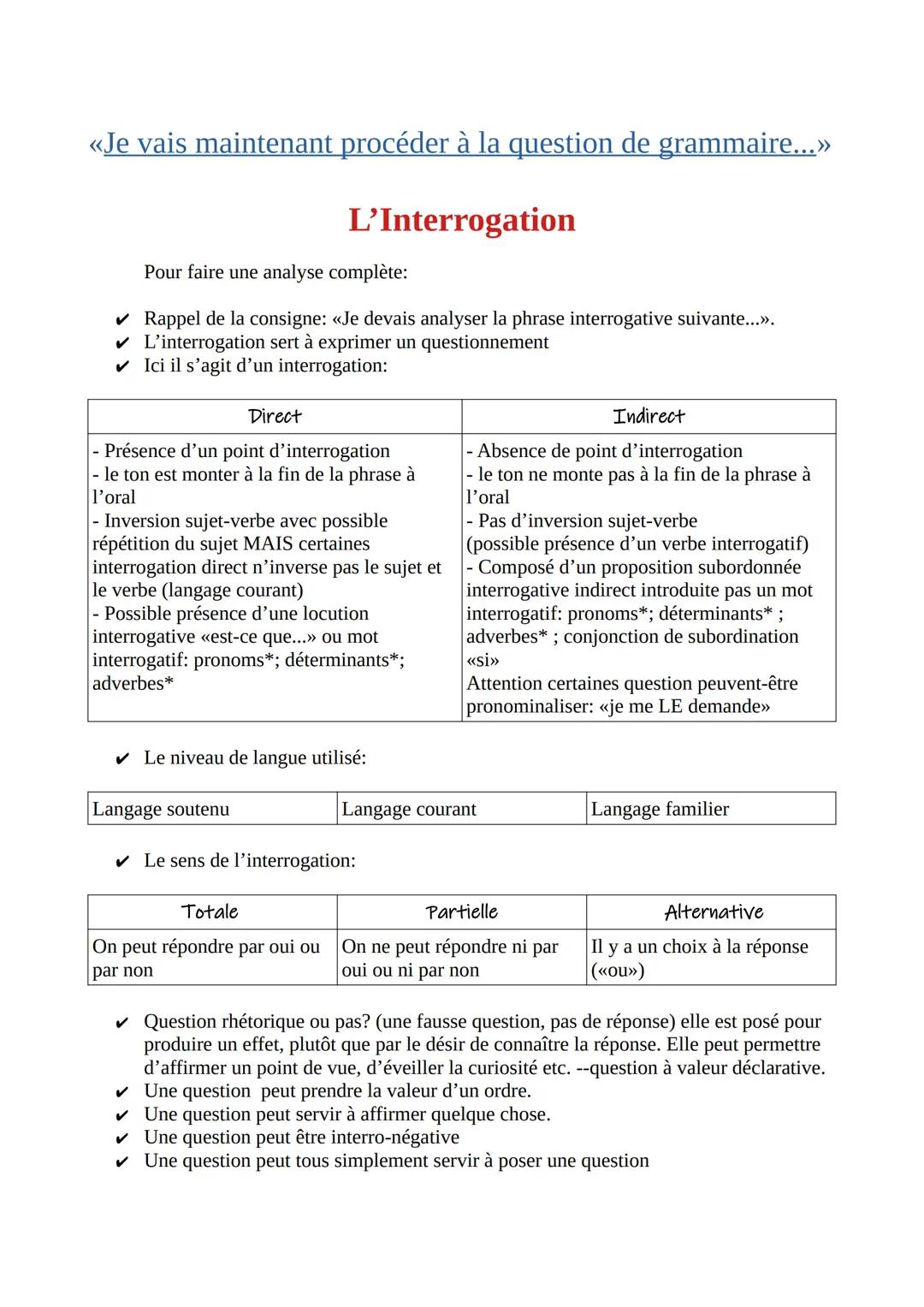 «Je vais maintenant passer à la question de grammaire...>>>
La Négation
Pour faire une analyse complète:
✓ Rappel de la consigne: «Je devais