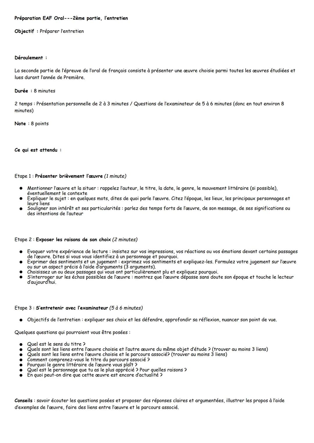 Préparation EAF Oral---2ème partie, l'entretien
Objectif : Préparer l'entretien
Déroulement :
La seconde partie de l'épreuve de l'oral de fr