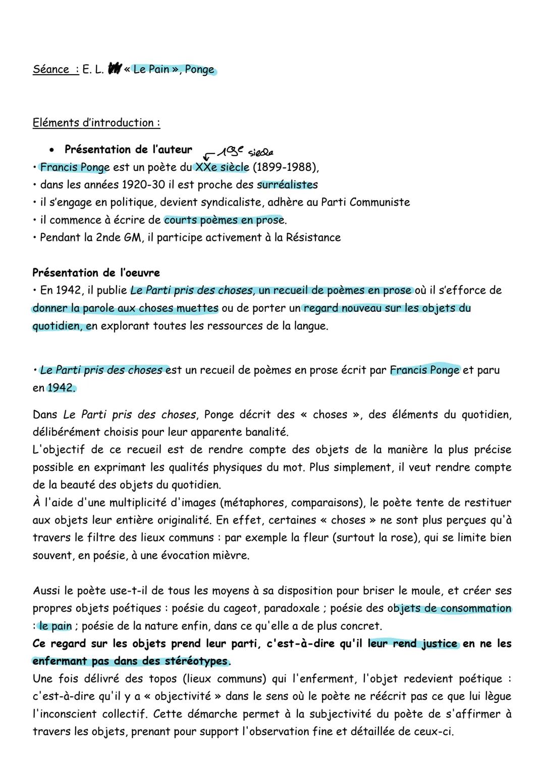 ## Texte : Francis Ponge, « Le pain », Le Parti pris des choses, 1942
1 La surface du pain est merveilleuse d'abord à cause de cette impres