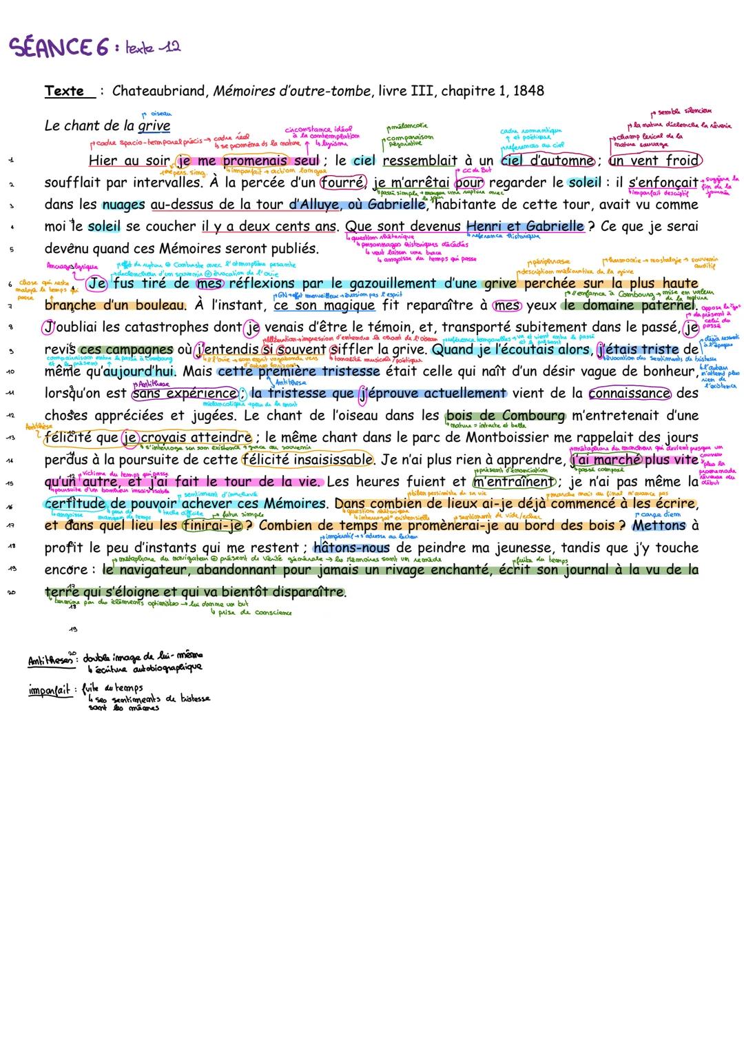 SÉANCE 6: texte 12
Texte : Chateaubriand, Mémoires d'outre-tombe, livre III, chapitre 1, 1848
Le chant de la grive oiseau
Hier au soir je me