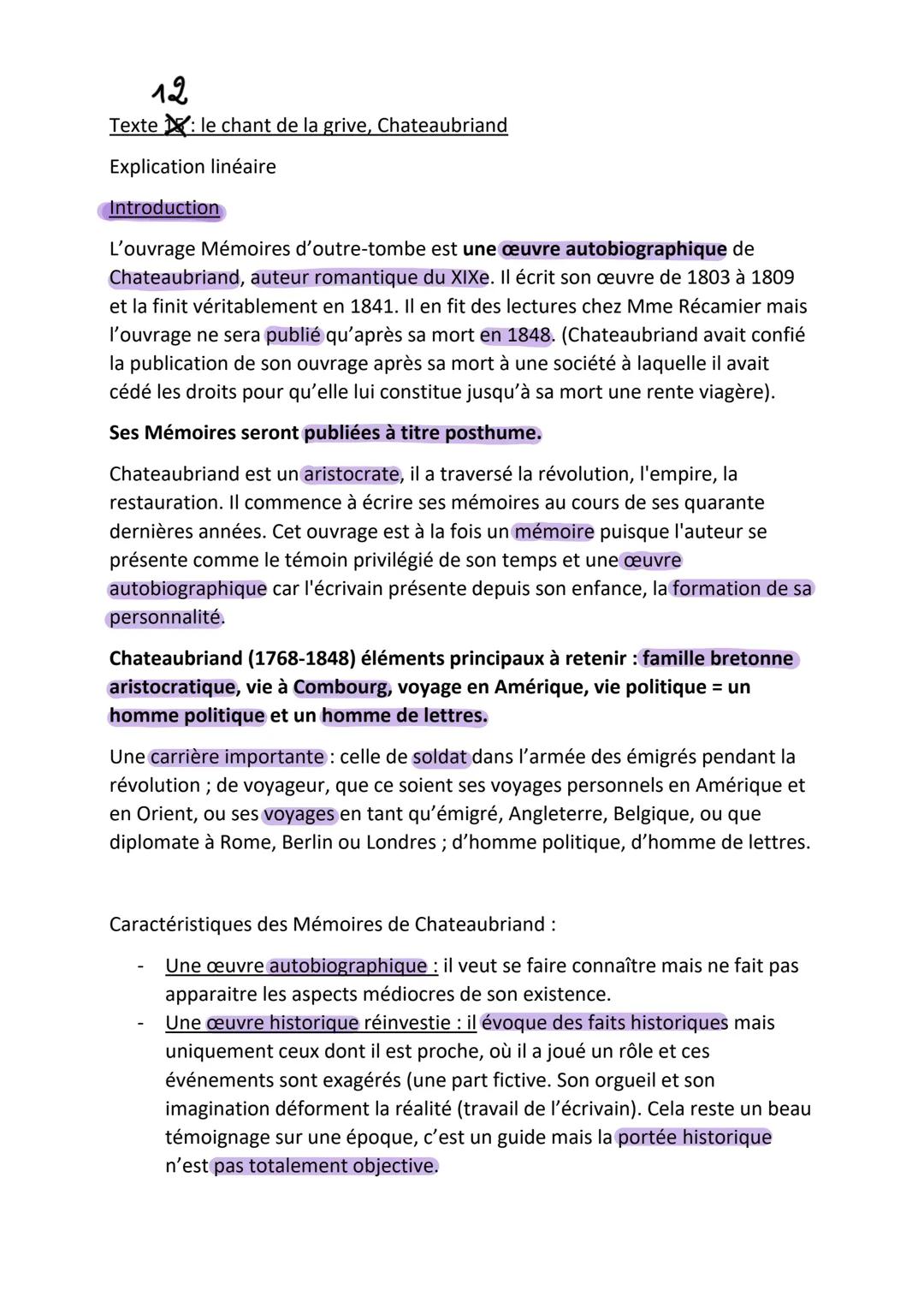 SÉANCE 6: texte 12
Texte : Chateaubriand, Mémoires d'outre-tombe, livre III, chapitre 1, 1848
Le chant de la grive oiseau
Hier au soir je me
