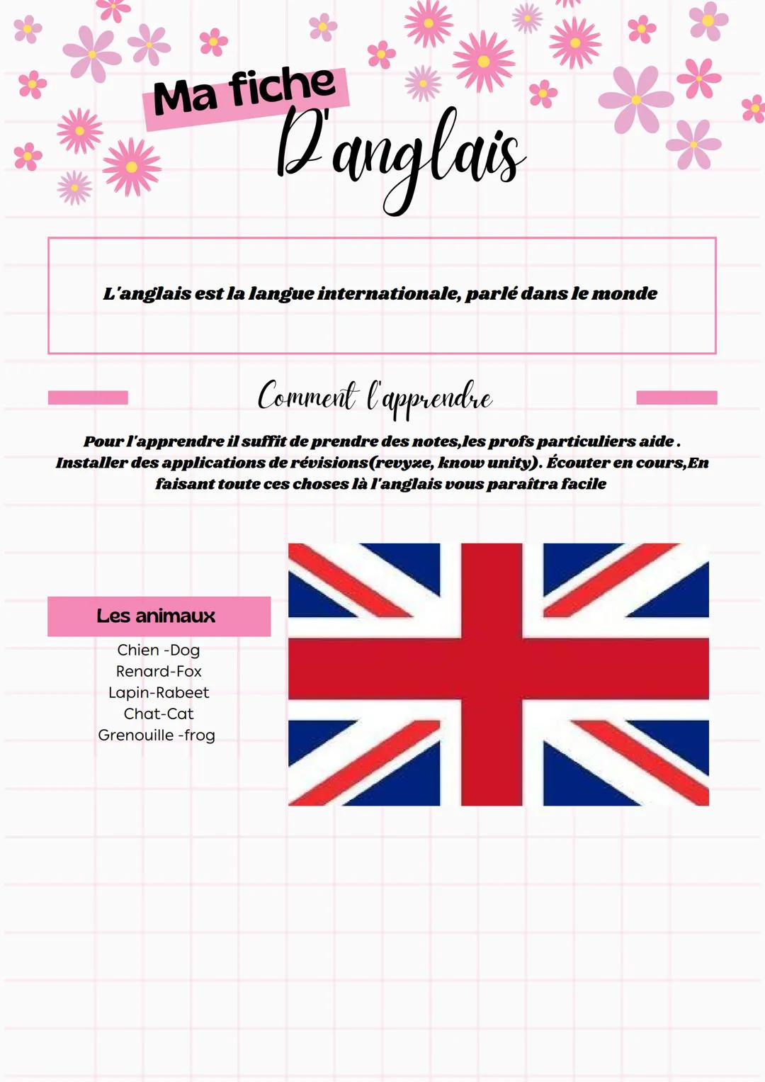 Ma fiche
D'anglais
L'anglais est la langue internationale, parlé dans le monde
Comment l'apprendre
Pour l'apprendre il suffit de prendre des