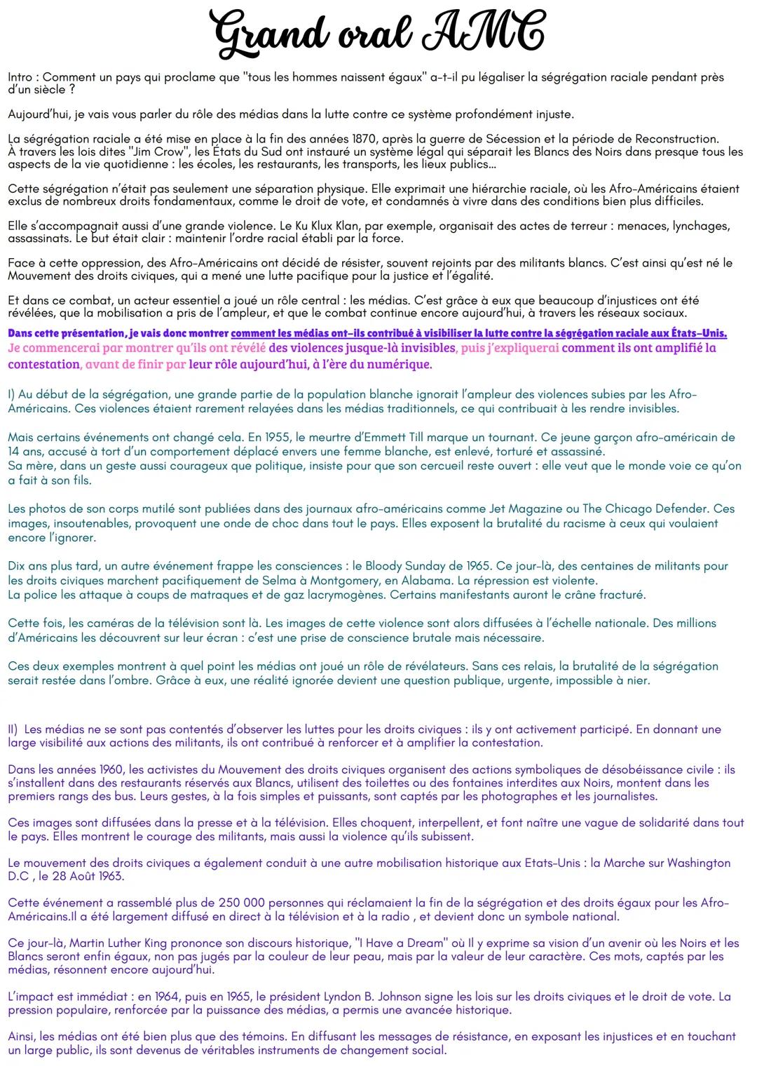 # Grand oral AMc
Intro : Comment un pays qui proclame que "tous les hommes naissent égaux" a-t-il pu légaliser la ségrégation raciale penda