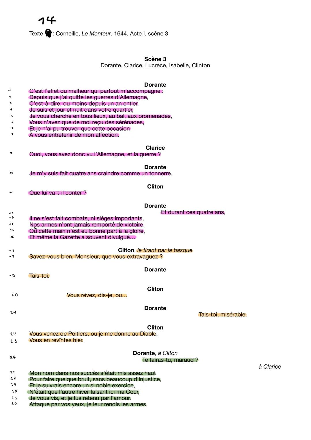 14
Texte : Corneille, Le Menteur, 1644, Acte I, scène 3
Scène 3
Dorante, Clarice, Lucrèce, Isabelle, Clinton
Dorante
C'est l'effet du malheu