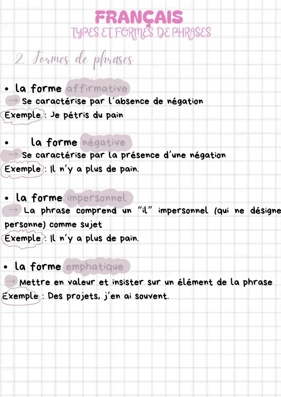 FRANÇAIS
TYPES ET FORMES DE PHRASES
2. Formes de phrases
• la forme affirmative
→ Se caractérise par l'absence de négation
Exemple : Je pétr
