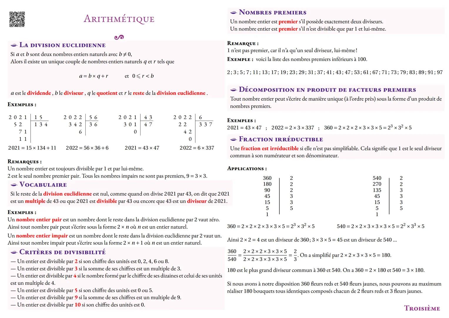 ARITHMÉTIQUE
LA DIVISION EUCLIDIENNE
Si a et b sont deux nombres entiers naturels avec b≠ 0,
Alors il existe un unique couple de nombres en