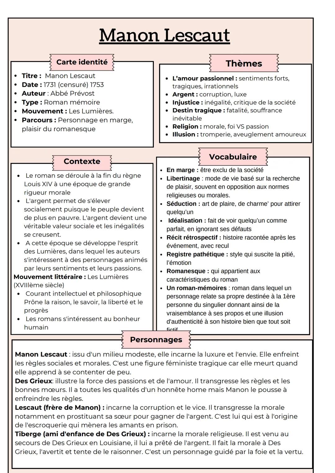 Manon Lescaut
Carte identité
Thèmes
Titre: Manon Lescaut
Date: 1731 (censuré) 1753
Auteur: Abbé Prévost
Type: Roman mémoire
Mouvement: Les L