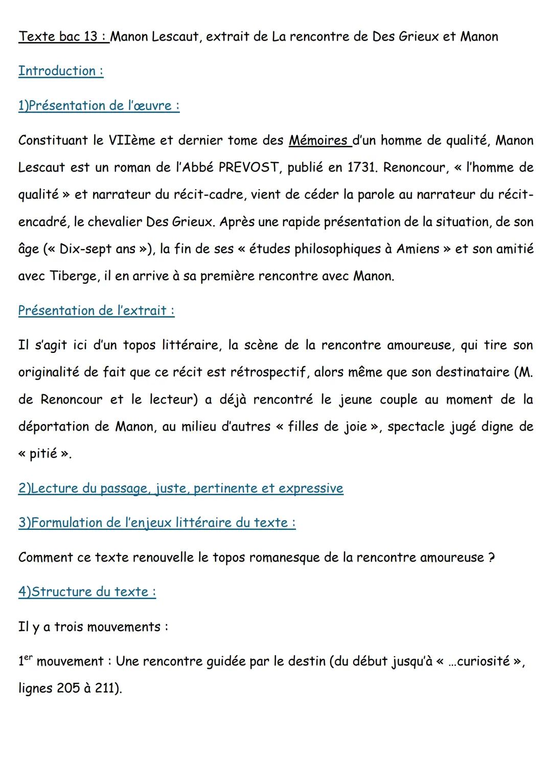 Texte bac 13: Manon Lescaut, extrait de La rencontre de Des Grieux et Manon
Introduction:
1)Présentation de l'œuvre :
Constituant le VIIème