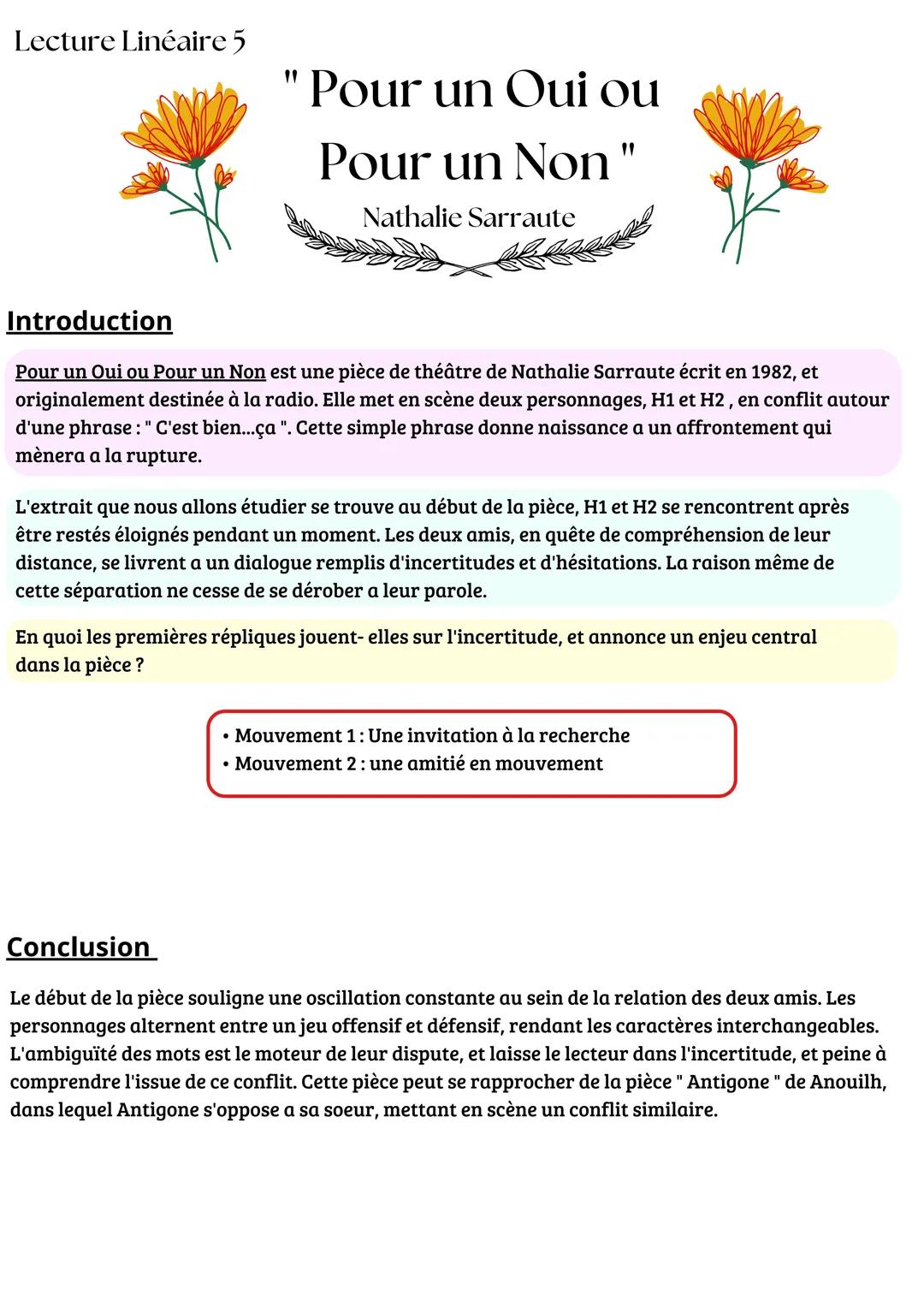 Pour un oui ou pour un non, Nathalie Sarraute intro/mouvements/conclusion