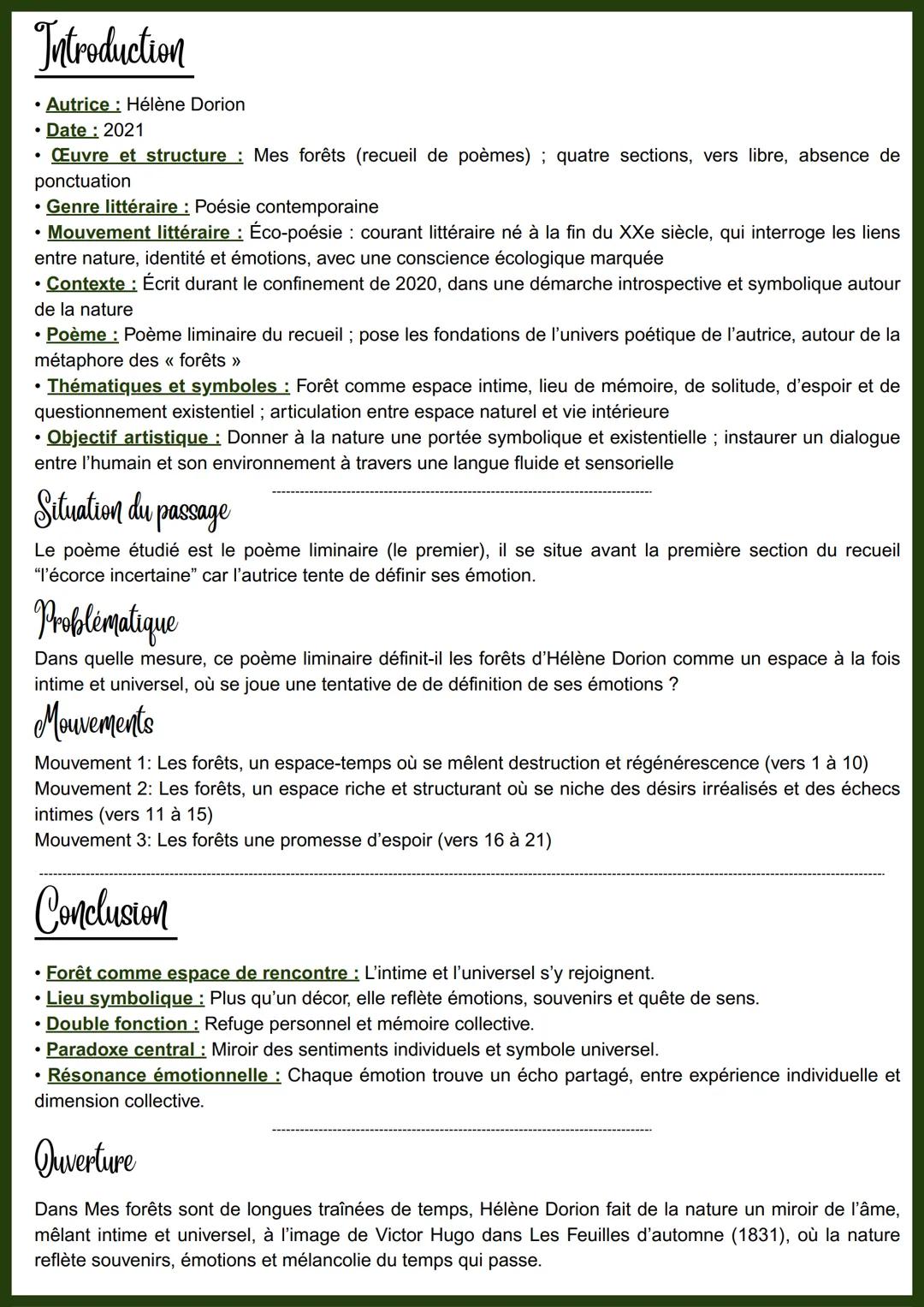 Analyse n°12
Mes Forêts
Dans quelle mesure, ce poème liminaire définit-il les forêts d'Hélène Dorion comme un
espace à la fois intime et uni