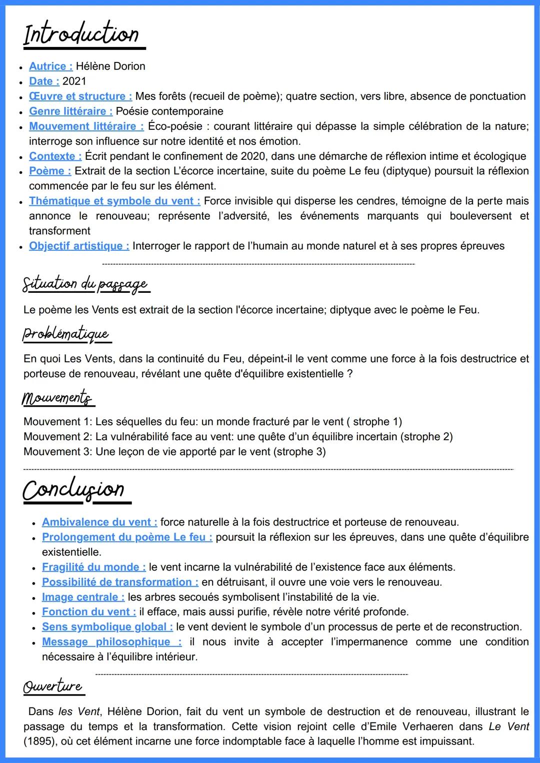 Analyse linéaire n°12
Les Vents
En quoi Les Vents, dans la continuité du Feu, dépeint-il le vent comme une
force à la fois destructrice et p