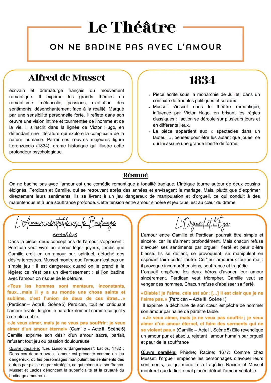 Le Théâtre
ON NE BADINE PAS AVEC L'AMOUR
Alfred de Musset
écrivain et dramaturge français du mouvement
romantique. Il exprime les grands thè