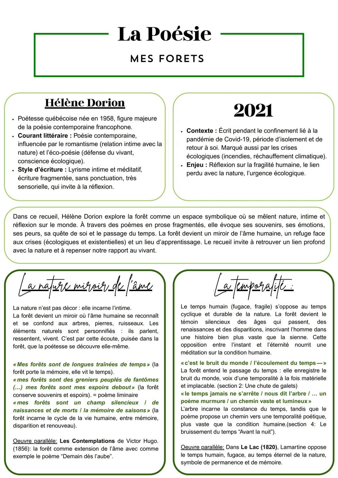 La Poésie
MES FORETS
Hélène Dorion
• Poétesse québécoise née en 1958, figure majeure
de la poésie contemporaine francophone.
• Courant litté