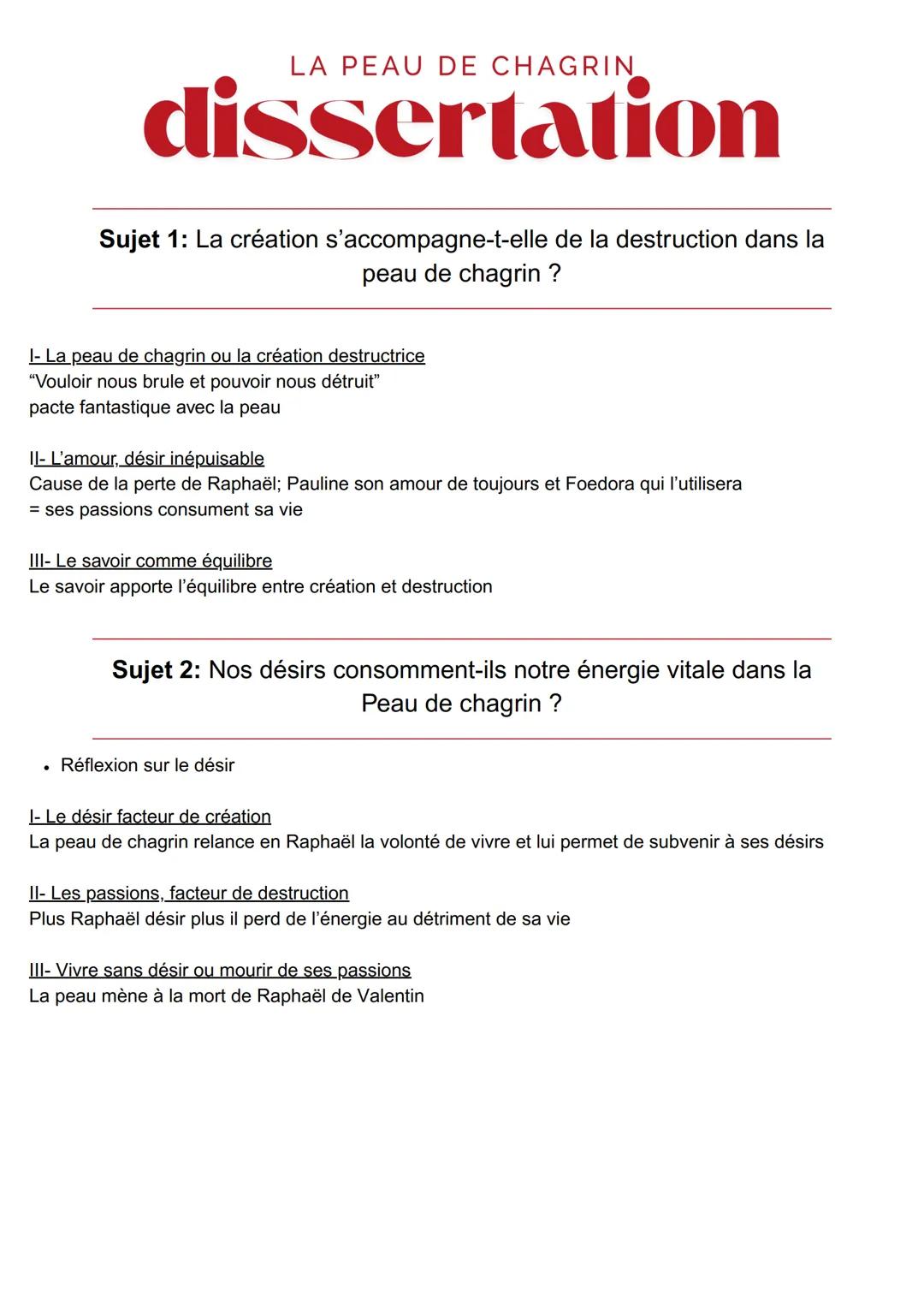 --- OCR Start ---
LA PEAU DE CHAGRIN
dissertation
Sujet 1: La création s'accompagne-t-elle de la destruction dans la
peau de chagrin ?
I- La