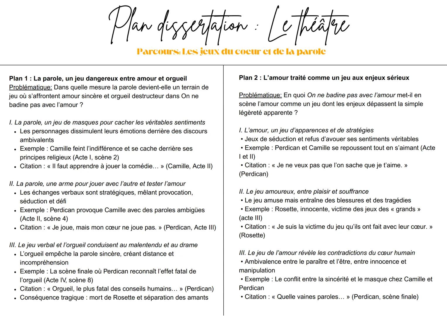 Plan dissertation : Le theatre
Parcours: Les jeux du coeur et de la parole
Plan 1: La parole, un jeu dangereux entre amour et orgueil
Problé