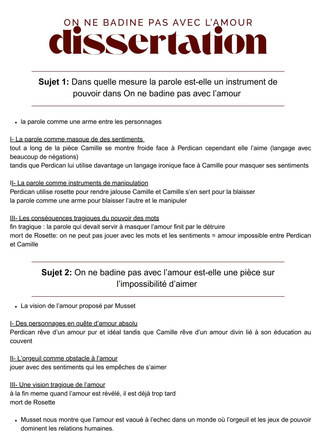 Sujet et plan de dissertation sur On ne badine pas avec l’amour