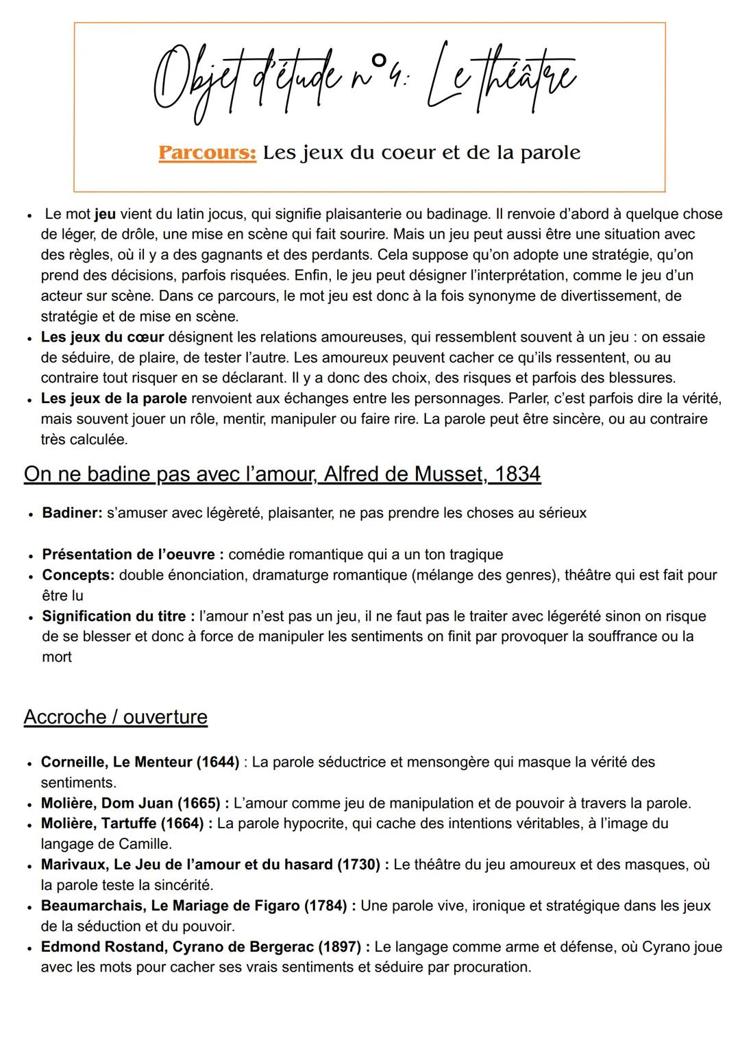 Objet detude n°4: Le theatre
Parcours: Les jeux du coeur et de la parole
Le mot jeu vient du latin jocus, qui signifie plaisanterie ou badin