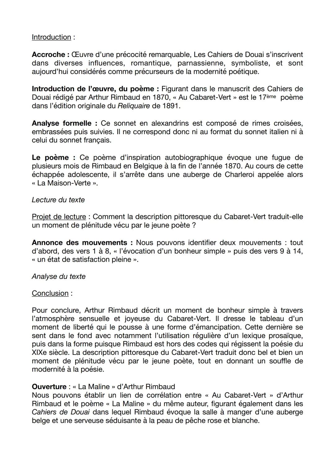 --- OCR Start ---
<< AU CABARET-VERT», ARTHUR RIMBAUD
Analyse linéaire BAC
Au Cabaret-Vert, cinq heures du soir
Depuis huit jours, j'avais d