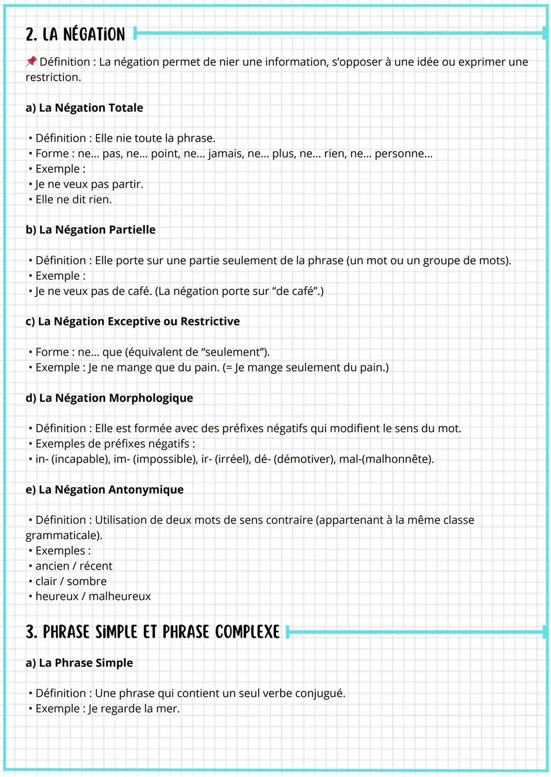 Grammaire
1. LES PROPOSITIONS
La Proposition Principale
• Définition: C'est une proposition indépendante qui peut exister seule.
• Exemple:
