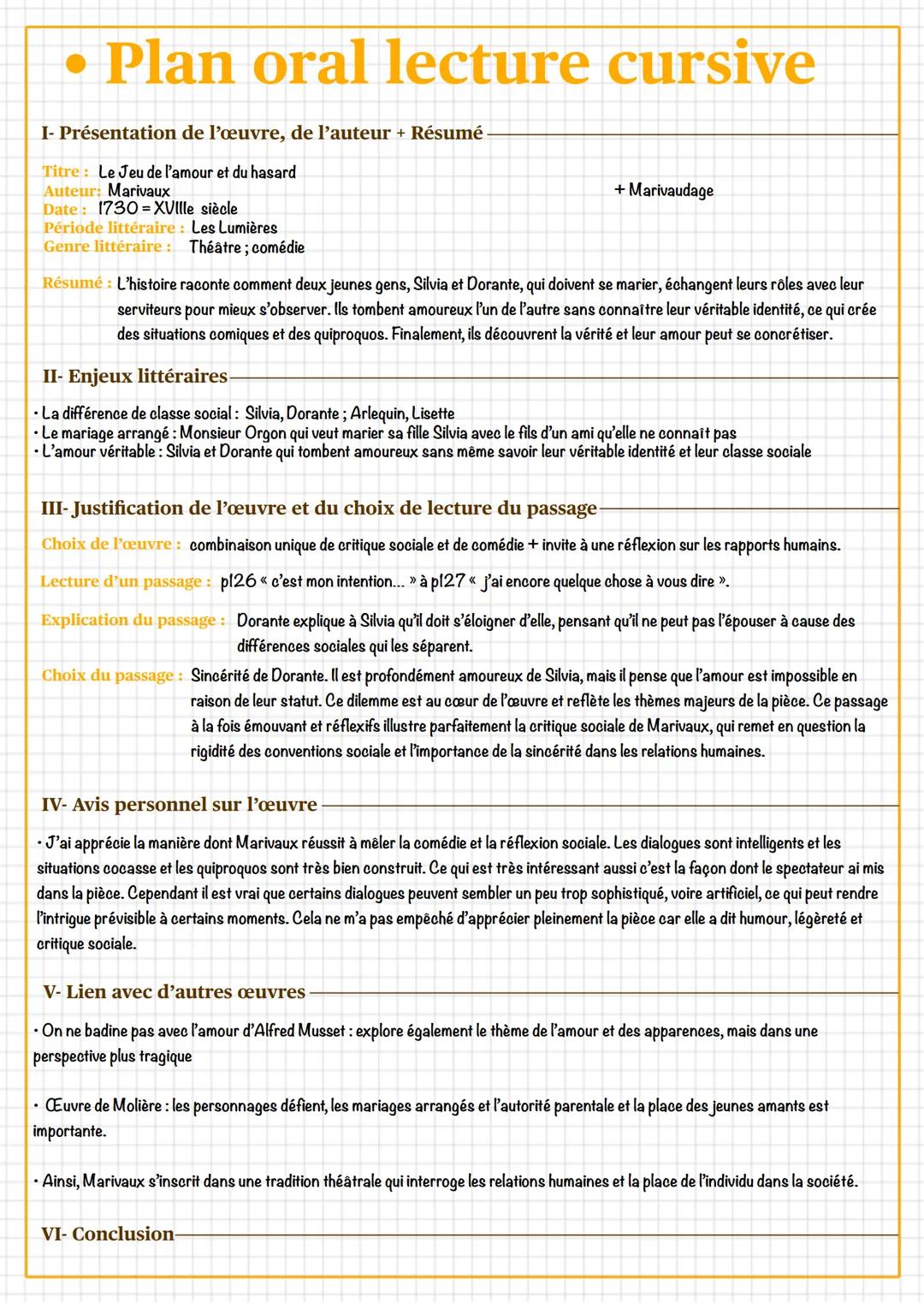 • Plan oral lecture cursive
I- Présentation de l'œuvre, de l'auteur + Résumé
Titre: Le Jeu de l'amour et du hasard
Auteur: Marivaux
Date: 17